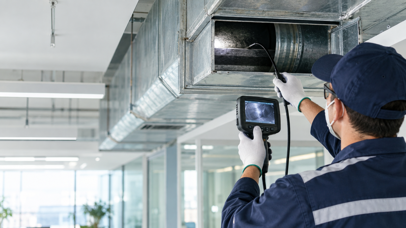 Technician using a camera-guided inspection probe inside a centralized AC duct