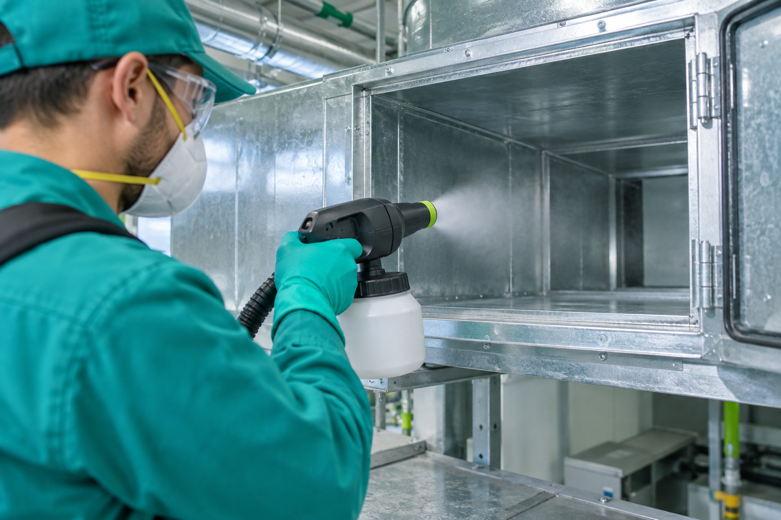 Protected technician applying a controlled final treatment to cleaned ductwork